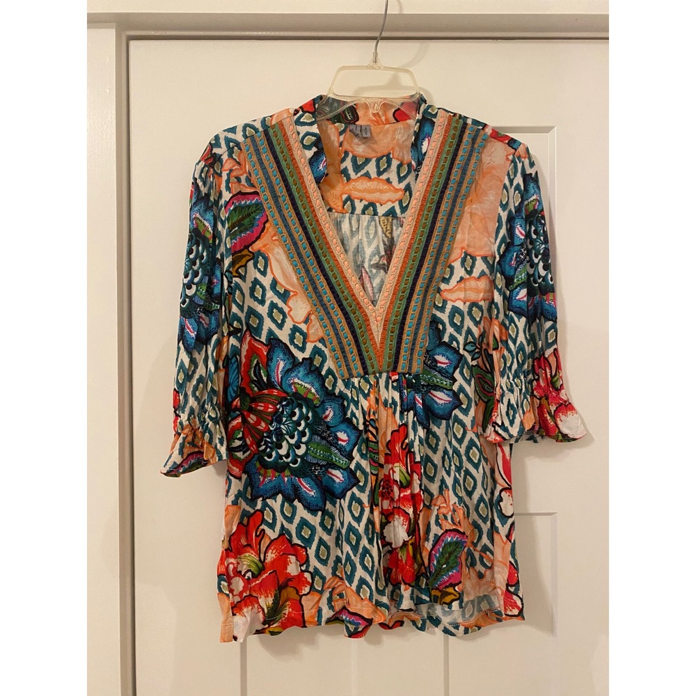 Blank London Anthropologie Stephanie Floral Geometric Embroidered VNeck Blouse M - Picture 2 of 5